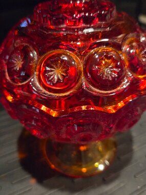 L E Smith Amberina Moon & Stars 7" Tall Compote Dish Lid Cadmium Glass Glows MCM